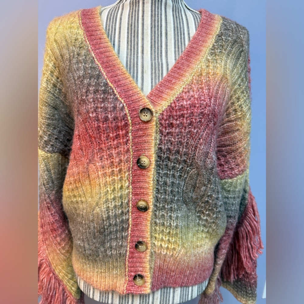 Sam Edelman Vibrant Fringe Cardigan Sweater bell sleeve wool size M - Picture 16 of 16